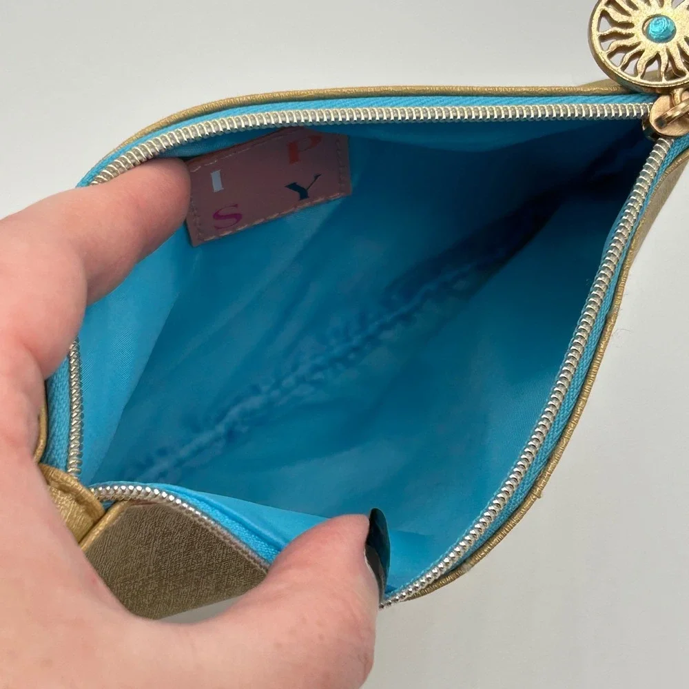IPSY Stay Golden Cosmetic Makeup Pouch Gold Turquoise Sun Zipper Charm Travel